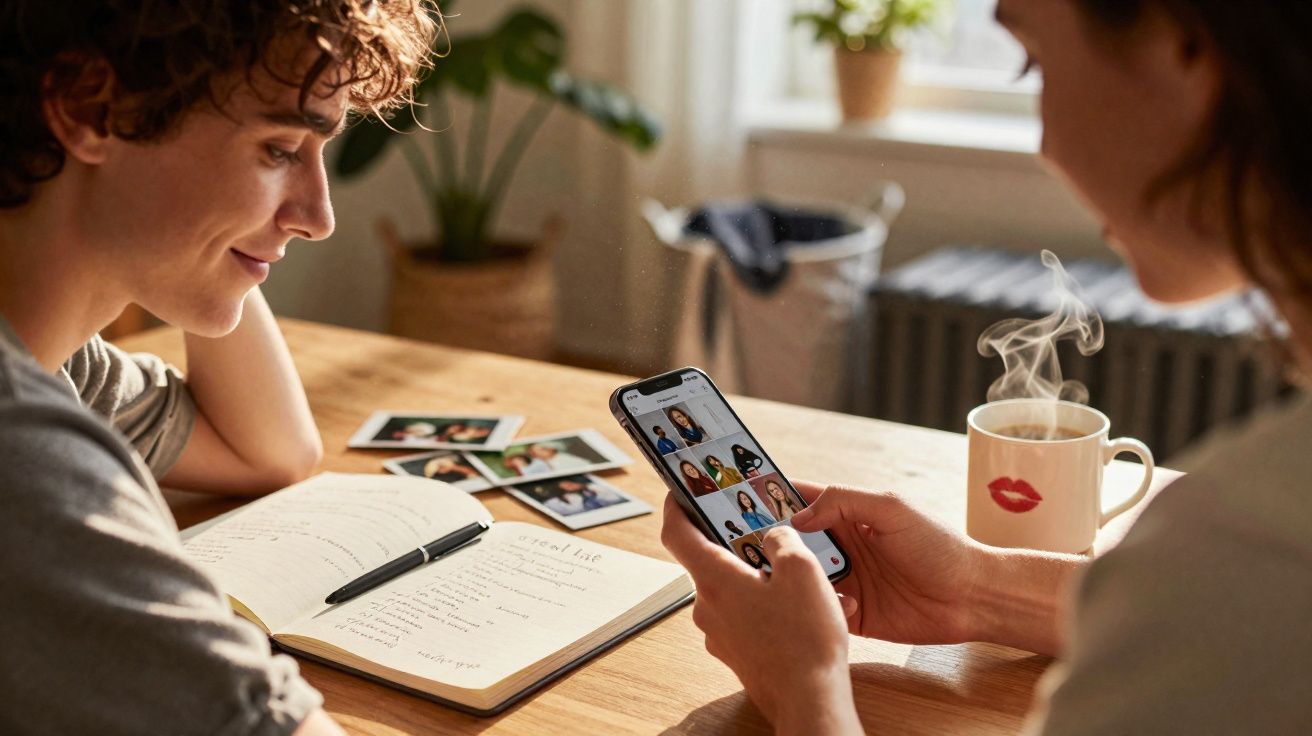 Duas pessoas sentadas à mesa, uma vê fotos num smartphone e a outra sorri, com caderno e chá quente.