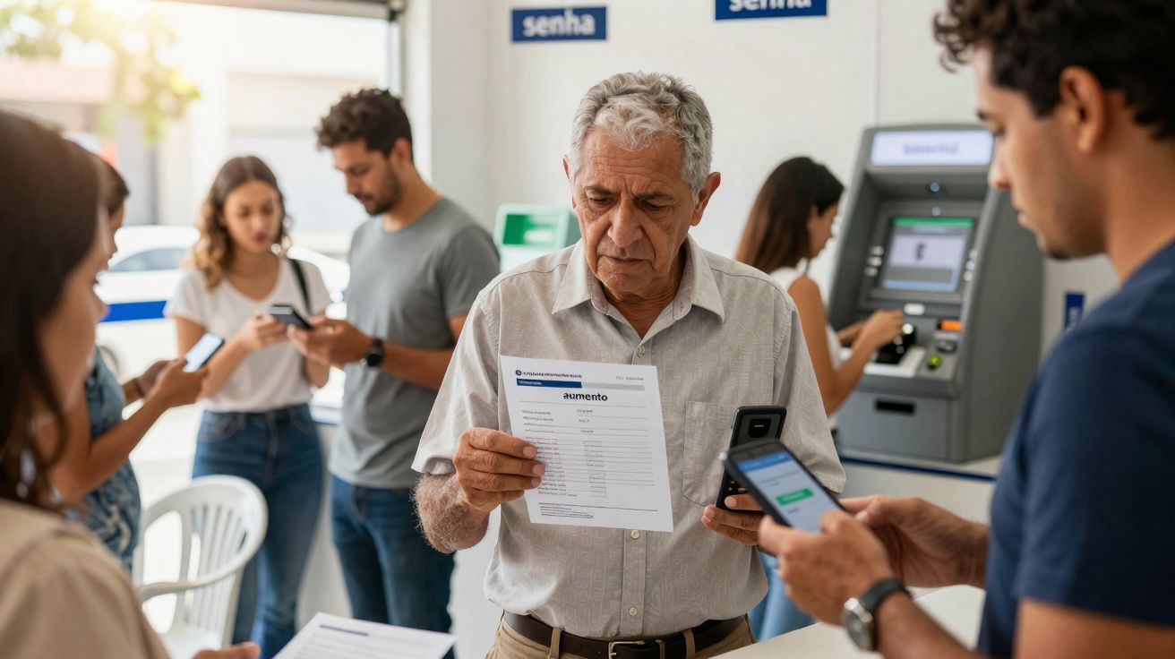 Homem idoso com documento na mão a usar telemóvel numa fila de atendimento com várias pessoas.