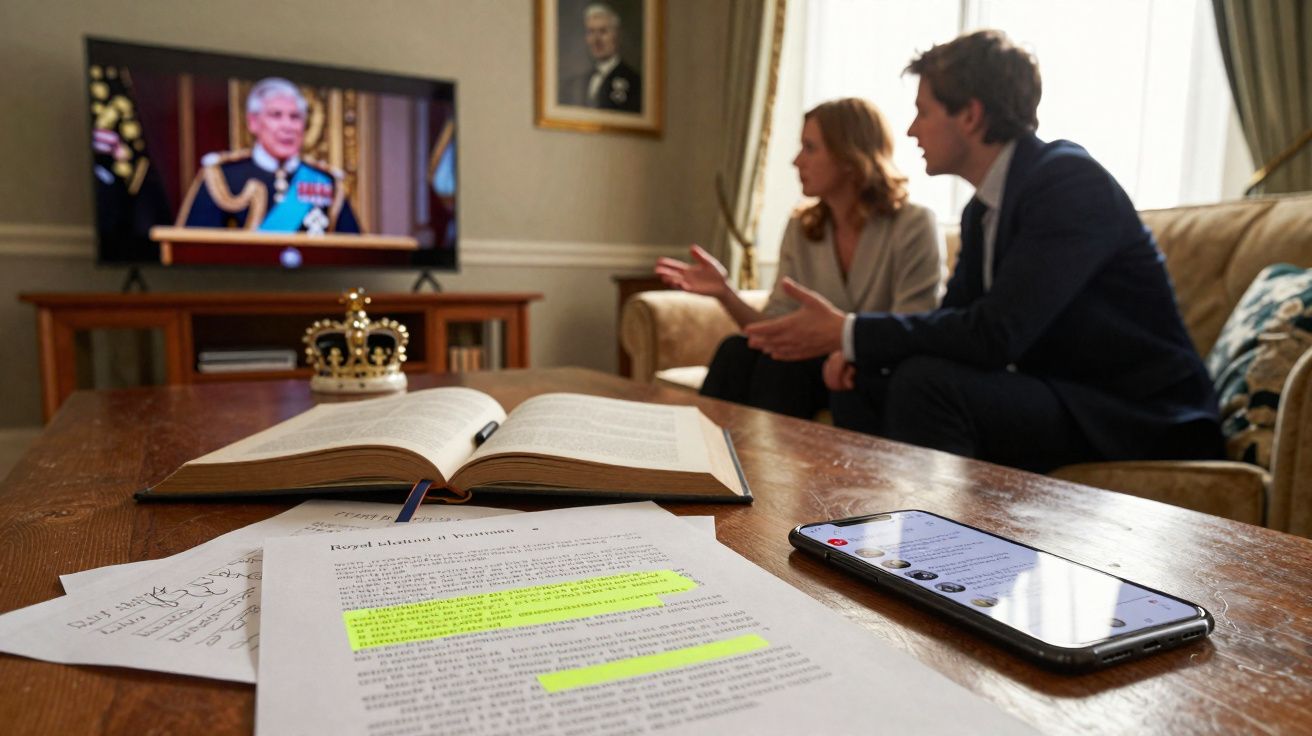 Mesa com documentos, telemóvel e coroa em sala onde casal vê discurso na televisão.