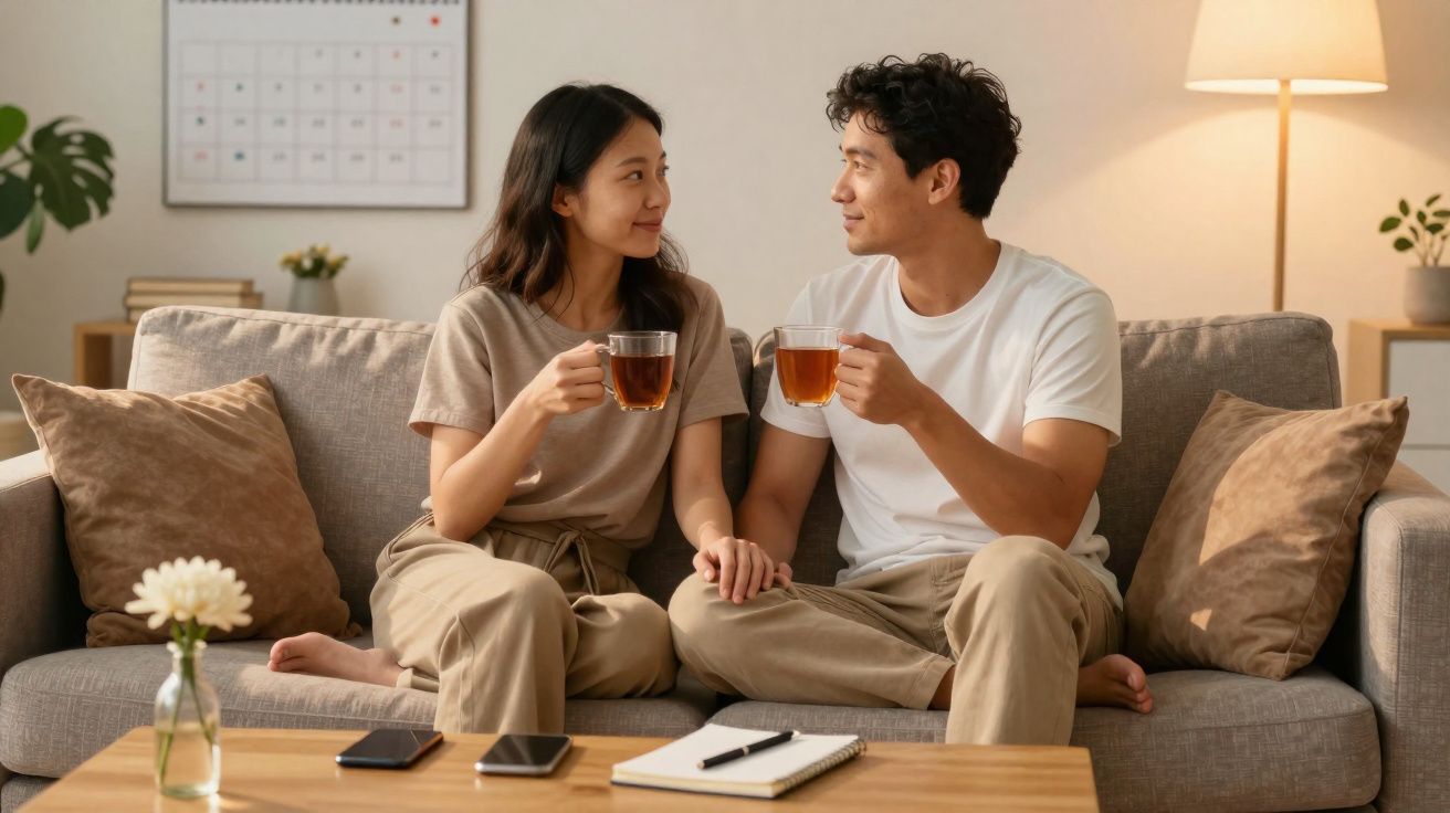 Casal sentado no sofá a olhar-se, a beber chá e a segurar as mãos numa sala acolhedora.