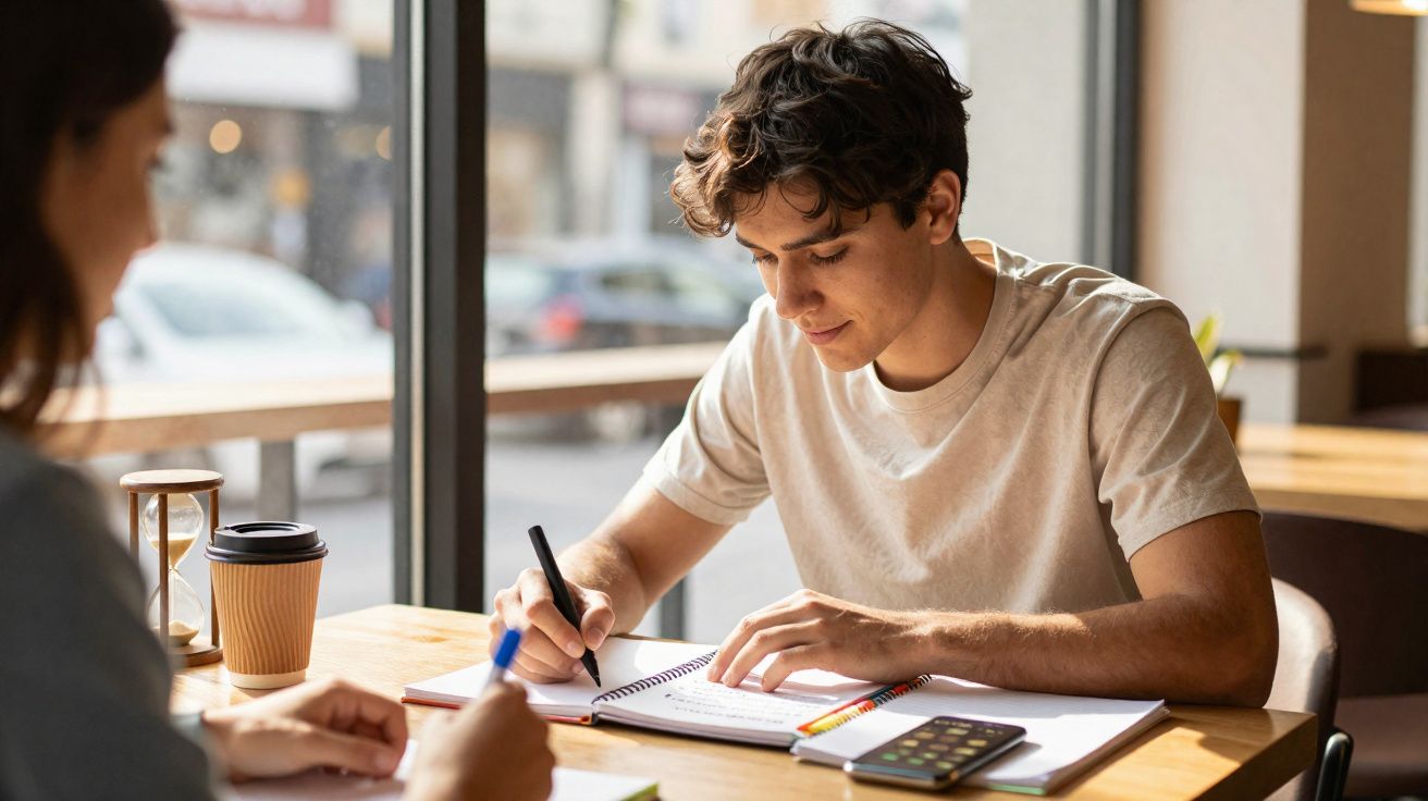 Jovem a estudar e a escrever num caderno, sentado numa mesa junto a uma janela numa cafetaria.