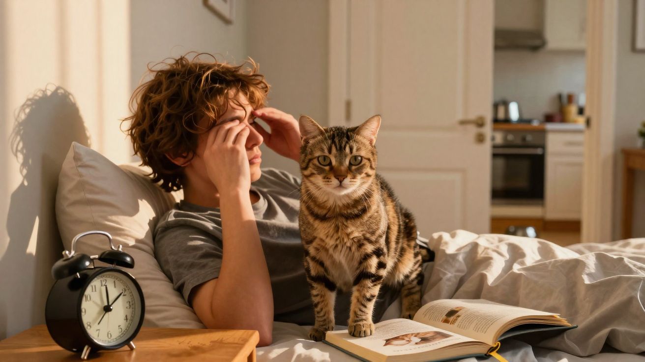 Pessoa espreguiçando-se na cama ao lado de um gato e de um livro aberto numa manhã iluminada.