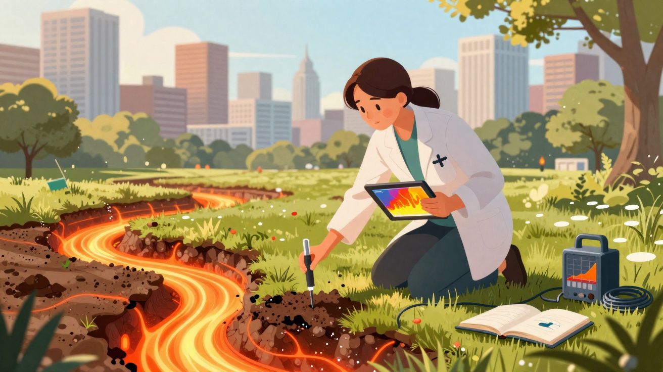 Cientista a analisar uma racha Lava incandescente no solo com equipamento num parque urbano.