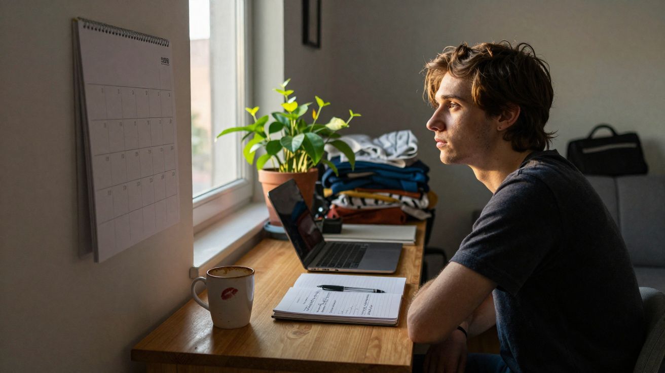 Jovem sentado à mesa, olhando pela janela, com caderno, computador e planta em ambiente interior.