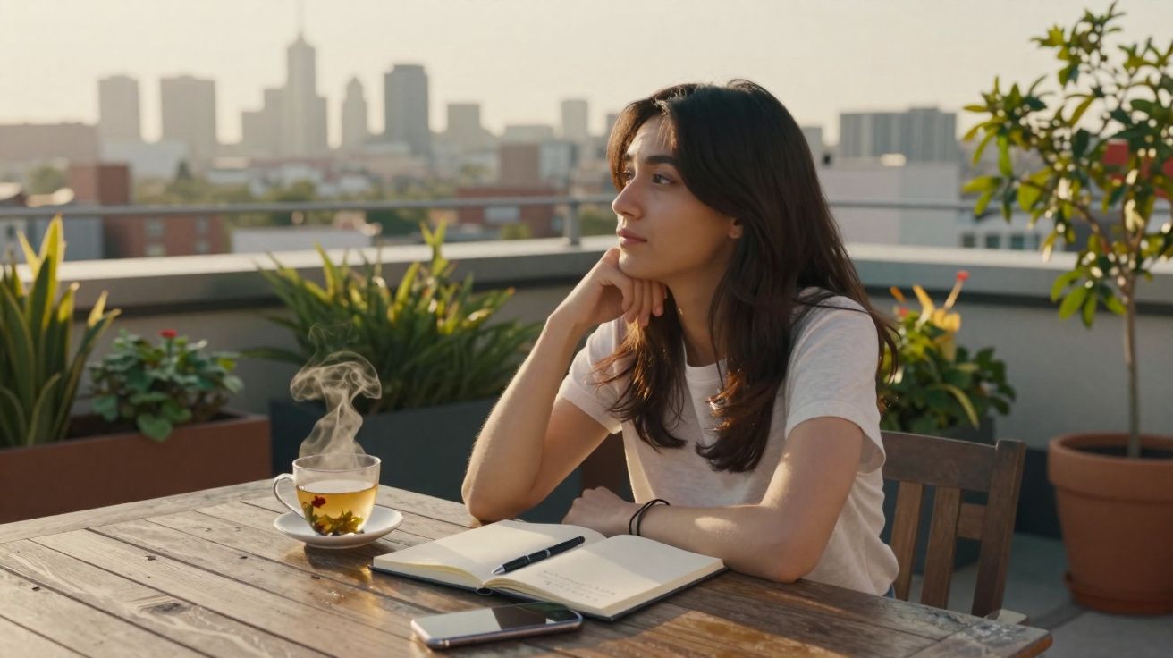 Mulher sentada numa varanda com chá quente, caderno aberto e telefone, olhando para o horizonte da cidade ao entardecer.