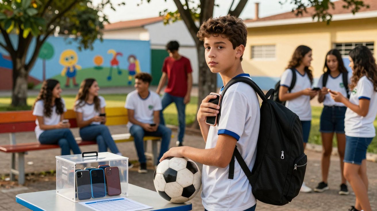 Aluno com mochila segura bola de futebol numa escola, com colegas ao fundo e telemóveis numa caixa transparente.