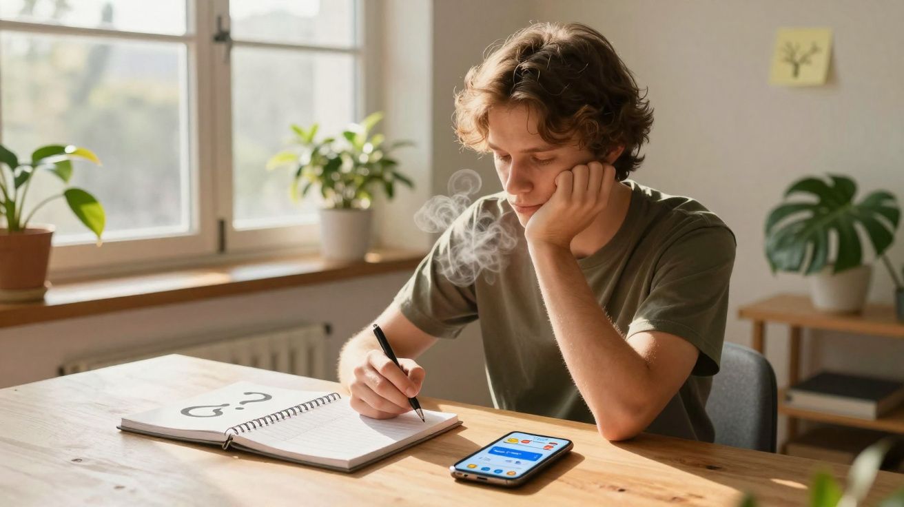 Jovem sentado numa mesa a escrever num caderno, com smartphone ao lado e plantas ao fundo numa sala iluminada.
