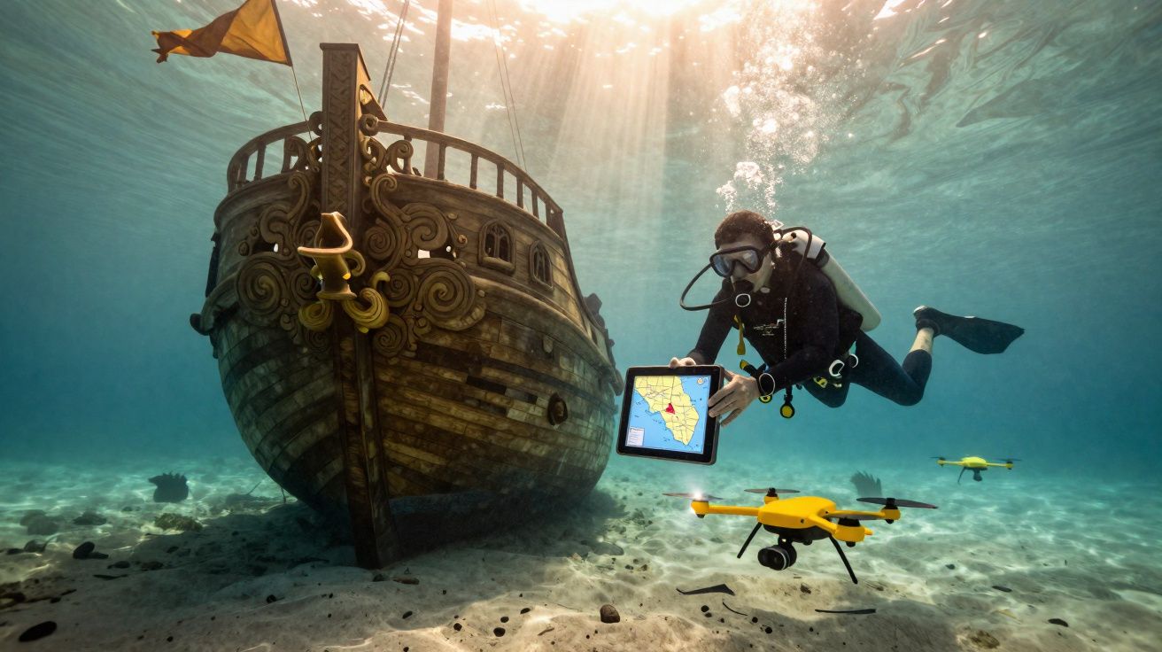 Mergulhador com tablet e drones exploram naufrágio de um navio antigo no fundo do mar iluminado pelo sol.