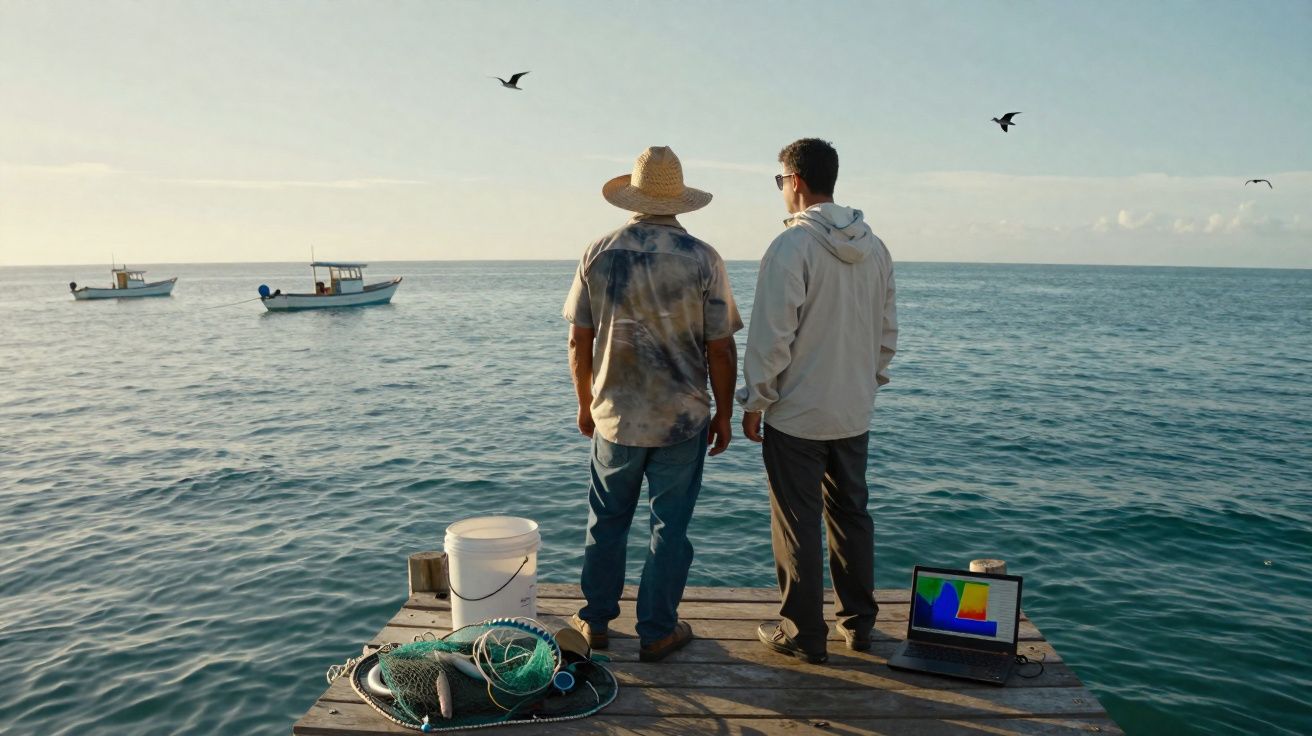 Dois homens em cais olhando para o mar com barcos, rede de pesca e portátil ao lado.