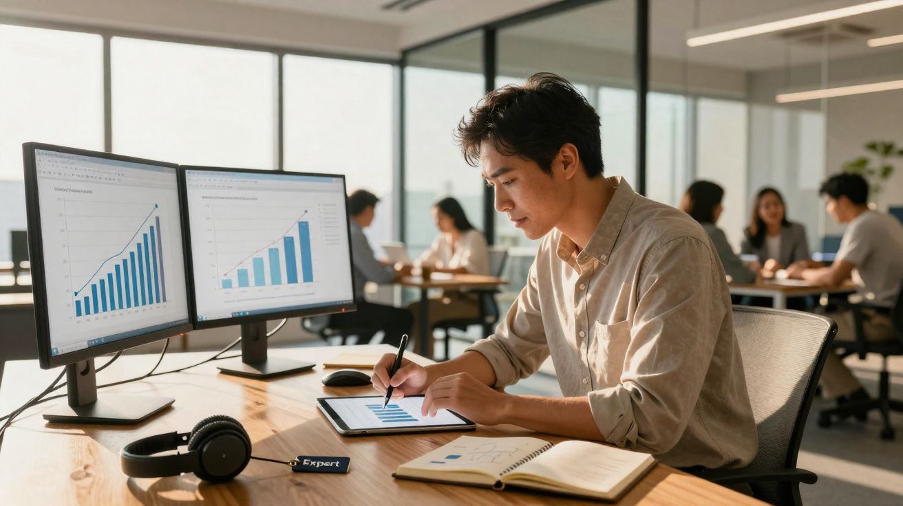 Homem a trabalhar num escritório moderno com gráficos financeiros em dois ecrãs e tablet, acompanhado de colegas.