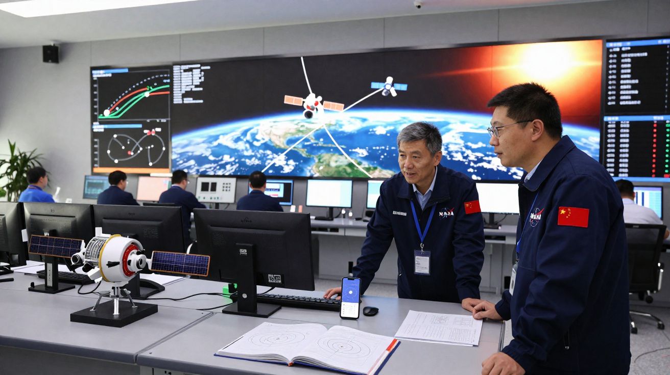 Sala de controlo espacial com técnicos chineses a monitorizar satélites e modelo de nave espacial numa secretária.