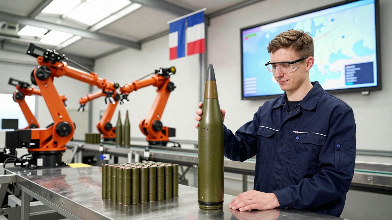 Operador em fábrica militar com munições grandes em mesa e robôs industriais ao fundo.