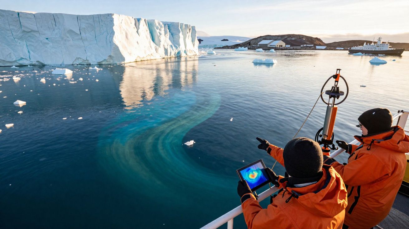 Dois cientistas em roupa de frio a monitorizar dados no mar perto de um icebergue na Antártida.