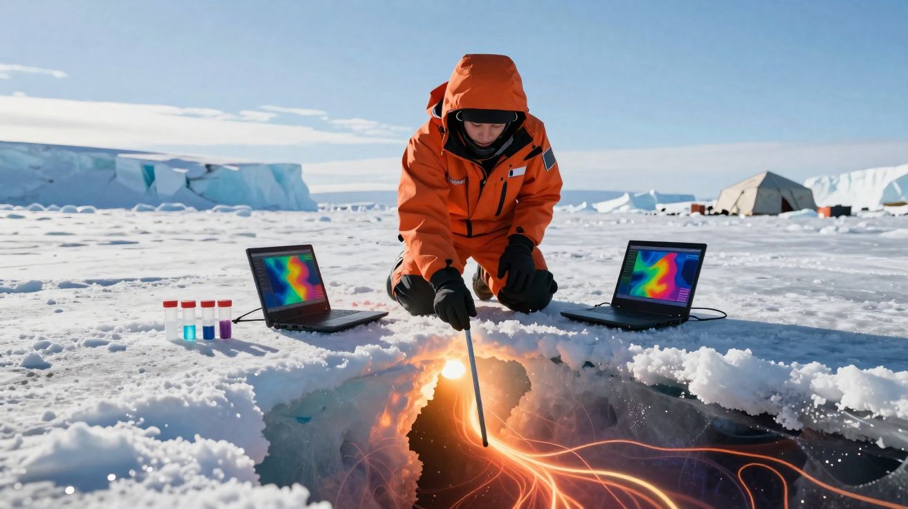 Investigador em roupa de frio analisa gelo derretido com equipamentos eletrónicos numa paisagem polar.