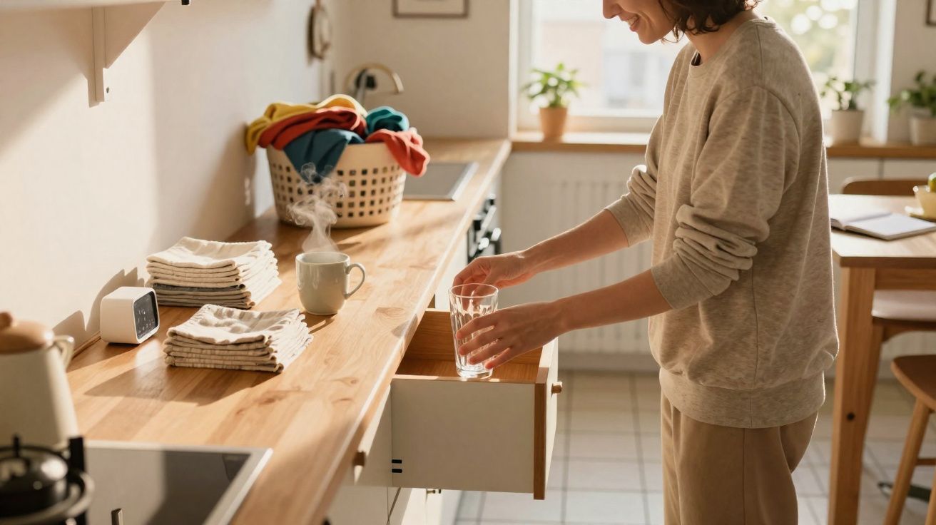 Pessoa com camisola bege a guardar copo numa cozinha luminosa com roupa lavada e chávena fumegante na bancada.