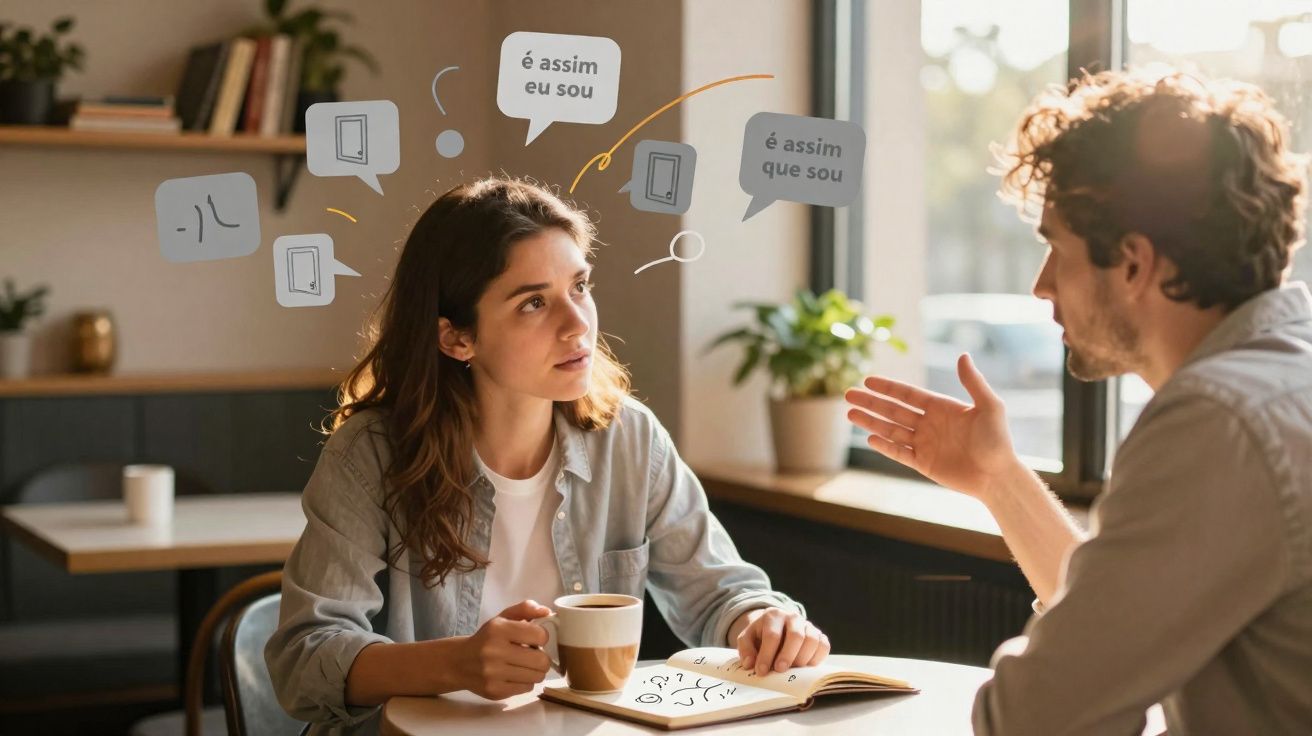 Homem e mulher conversam num café, com balões de diálogo e desenhos sobrepostos à imagem.