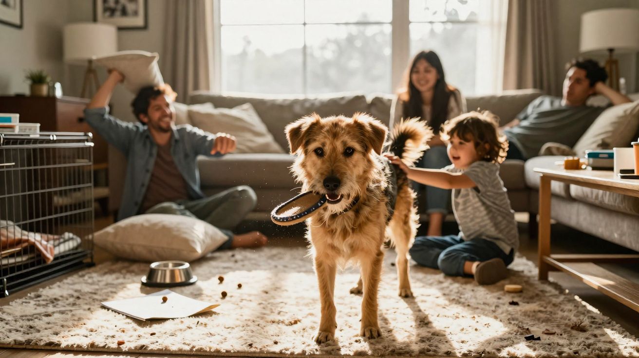 Cão com brinquedo na boca numa sala, com família sorridente ao fundo sentada no sofá.