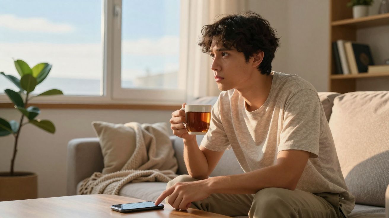 Jovem sentado no sofá a beber chá e olhar pela janela numa sala iluminada e confortável.