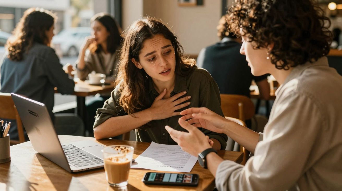 Duas mulheres discutem assuntos sérios numa cafeteria, com laptop e documentos sobre a mesa.