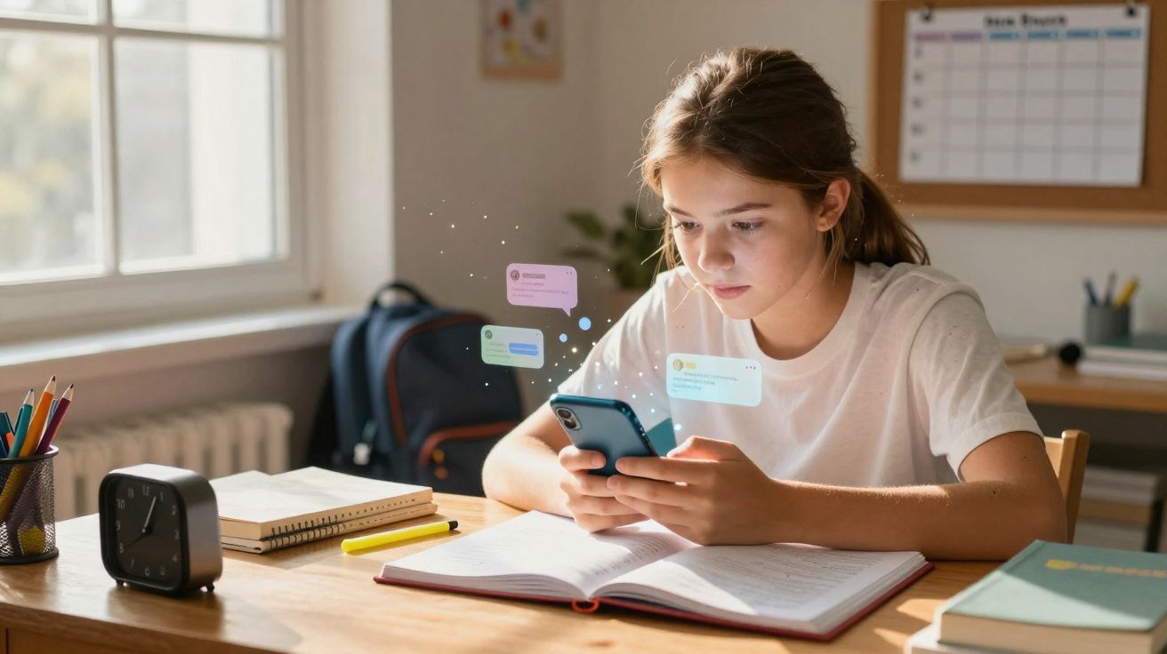Adolescente sentada numa secretária a estudar e a usar um smartphone com mensagens a surgir no ecrã.