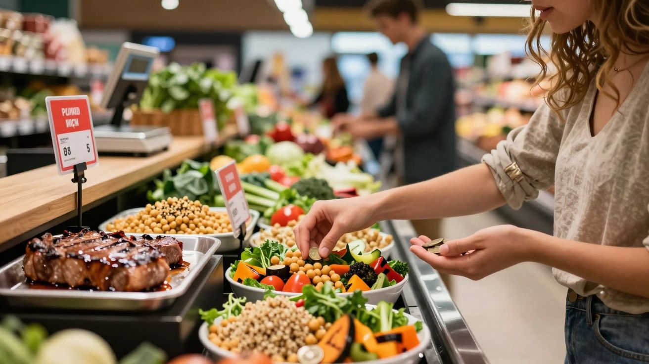 Pessoa a escolher legumes frescos em buffet de supermercado com variedade de saladas e vegetais coloridos.