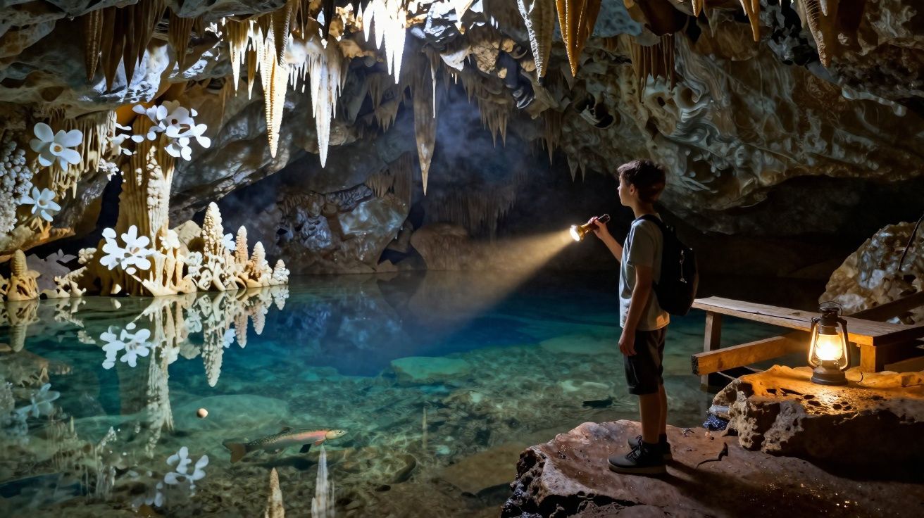 Criança explora gruta com lanterna junto a lago cristalino rodeado de estalactites e formações rochosas.