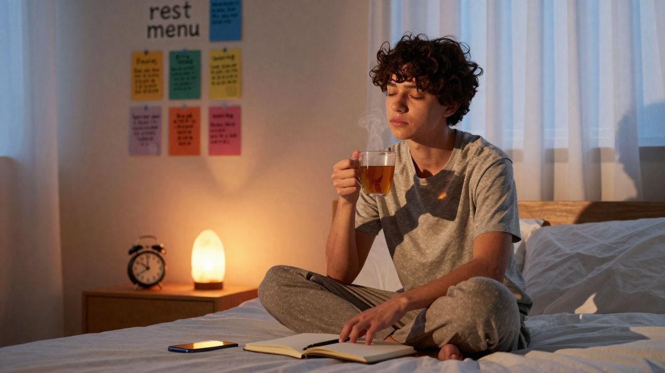 Pessoa sentada na cama, a beber chá quente e a ler um livro, num quarto confortável e iluminado.