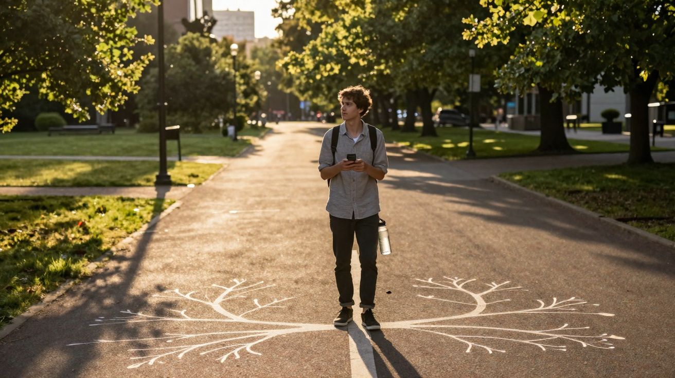 Pessoa jovem de mochila e garrafa de água caminha numa avenida com desenho branco de árvore no chão.