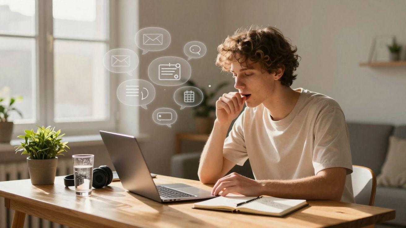 Jovem concentrado a estudar num ambiente calmo com laptop, caderno, plantas e ícones digitais flutuantes.