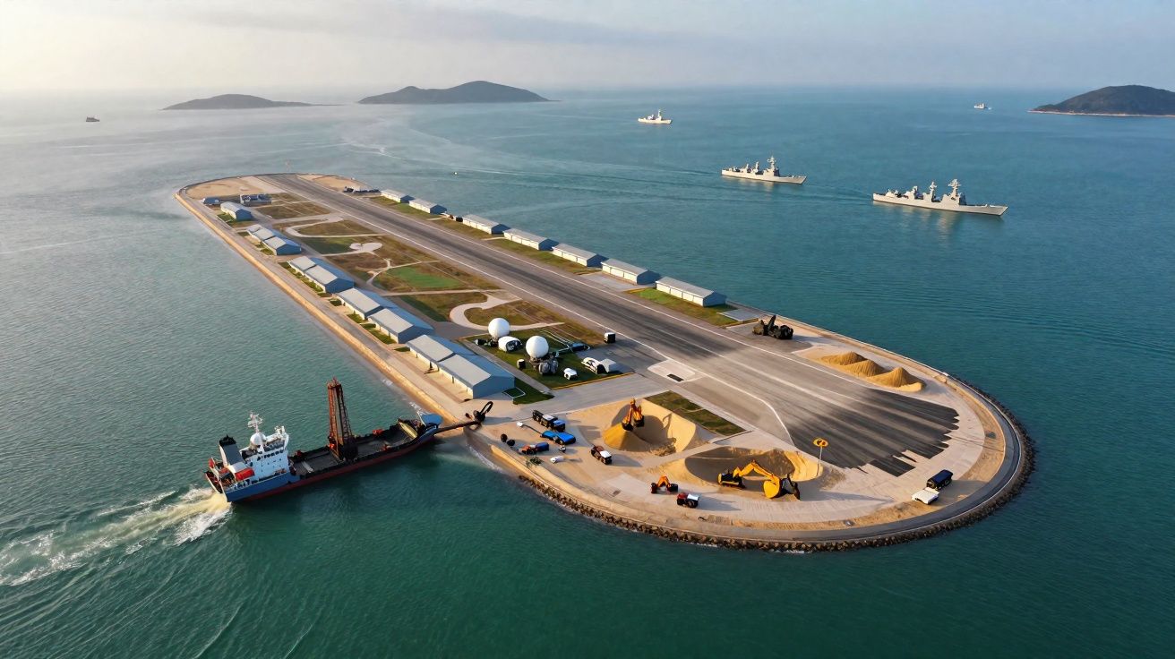 Ilha artificial com pista de aterragem rodeada por água, navios militares e um barco de carga a aproximar-se.