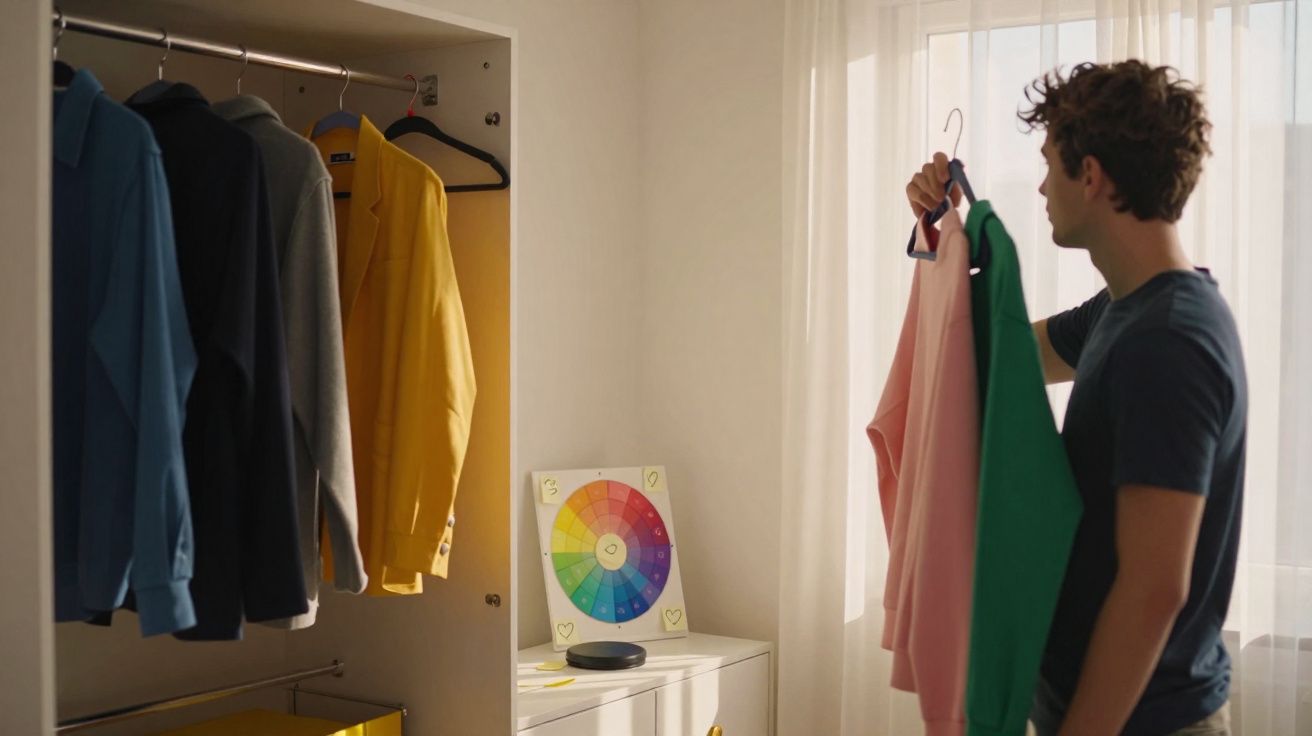 Homem jovem a escolher roupa entre camisolas coloridas junto a armário e janela com cortinas brancas.