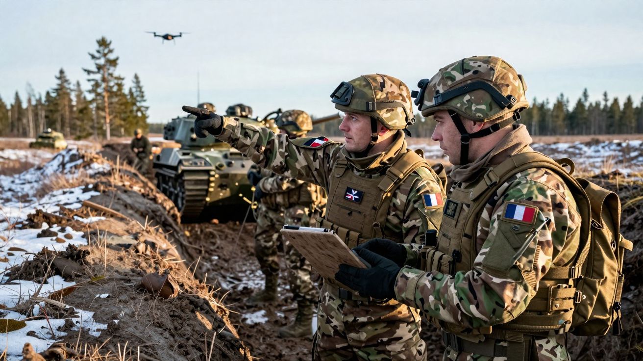 Soldados em uniforme camuflado utilizam drone perto de veículo militar em terreno com neve e árvores ao fundo.
