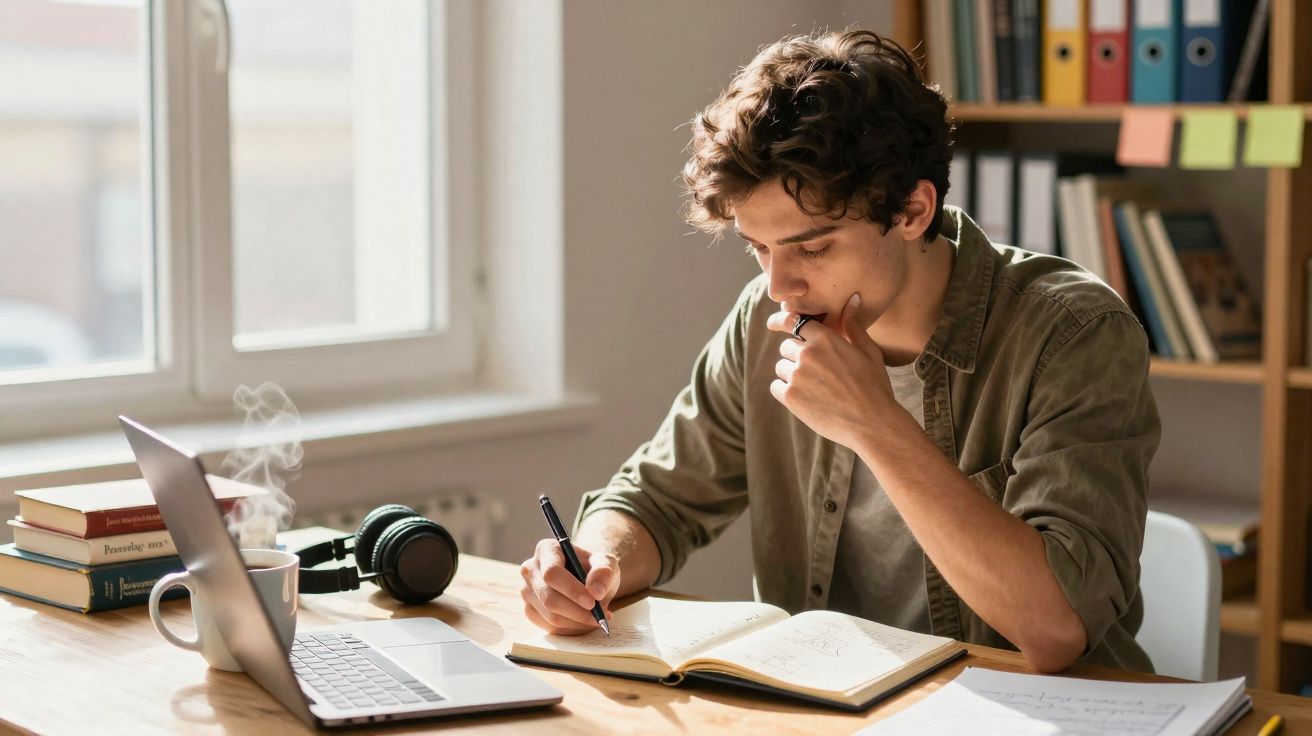 Jovem a estudar e escrever num caderno com computador e livros numa mesa iluminada por luz natural.