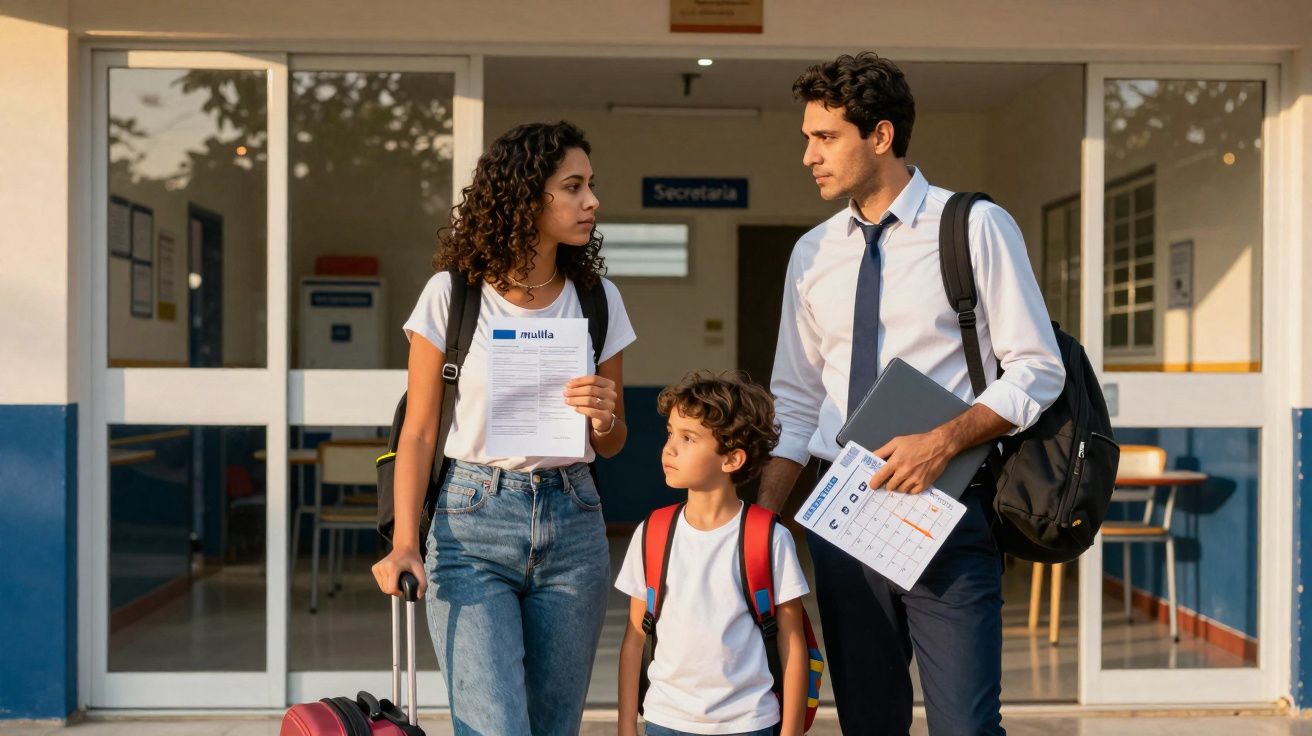 Pais conversam com filho em frente à secretaria de uma escola, carregando mochilas e documentos escolares.
