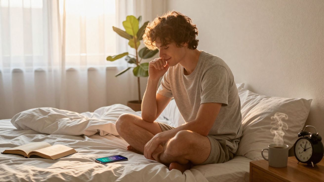 Homem sentado na cama a olhar para o telemóvel, com livro aberto, chá quente e despertador à sua frente.