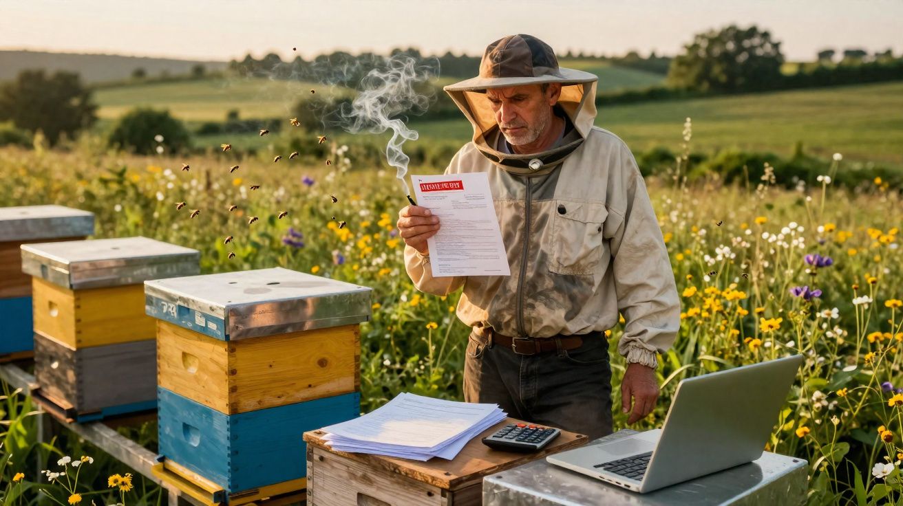 Apicultor em campo a analisar documentos com ferramentas de trabalho e colmeias ao redor em dia ensolarado.
