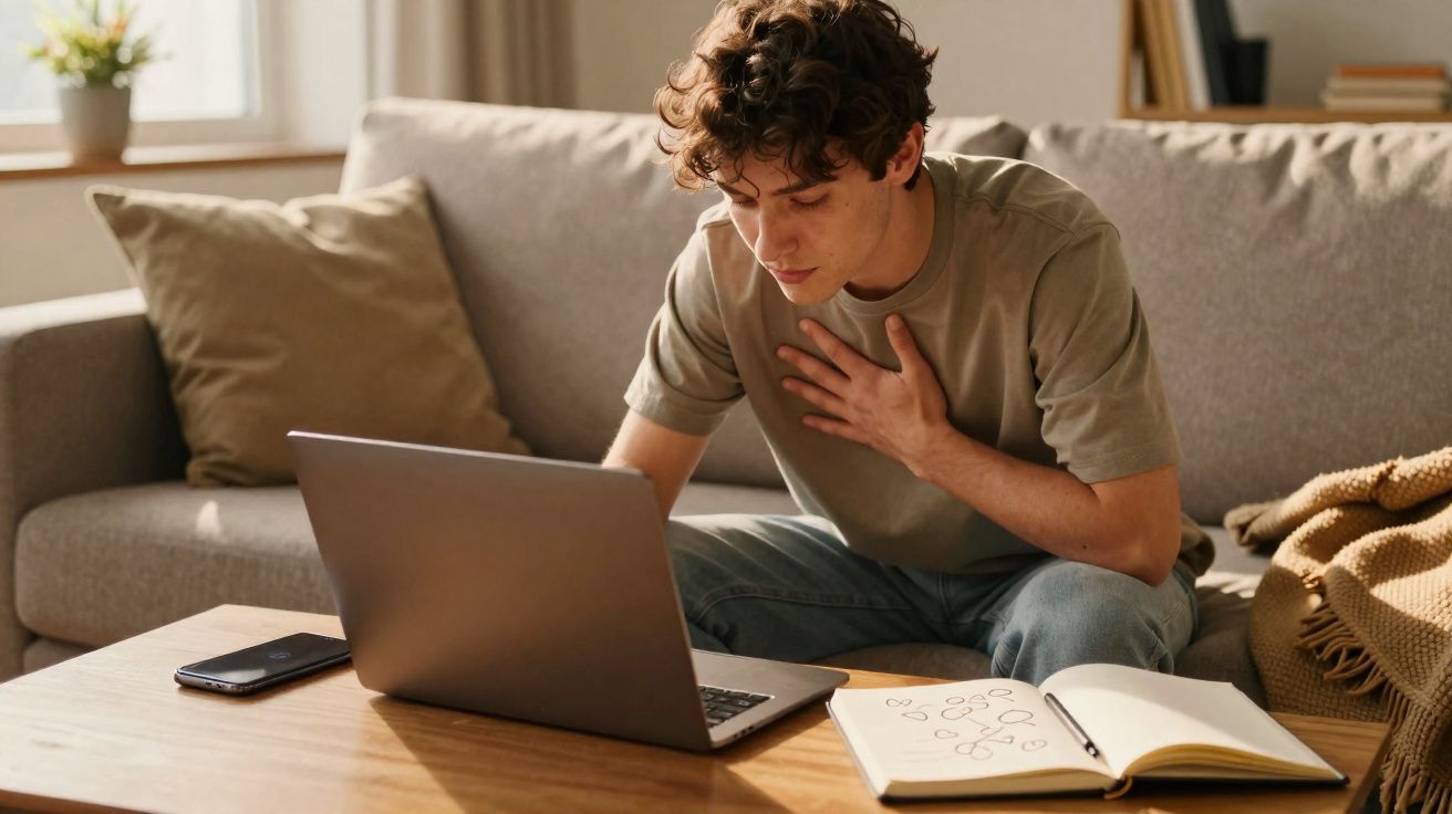 Jovem sentado no sofá com mão no peito a olhar preocupado para o computador portátil sobre a mesa.