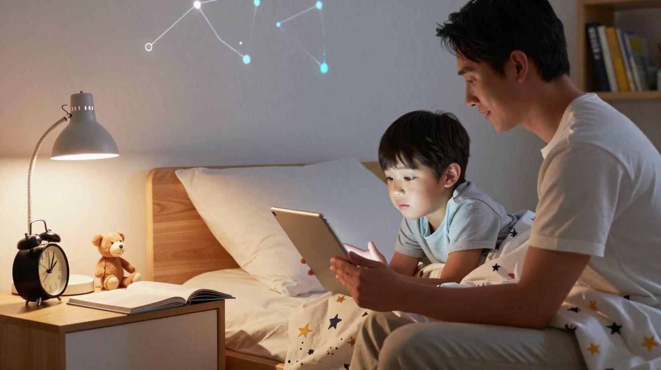 Pai e filho sentados na cama a olhar para um tablet, com abajur ligado e brinquedo ao lado.
