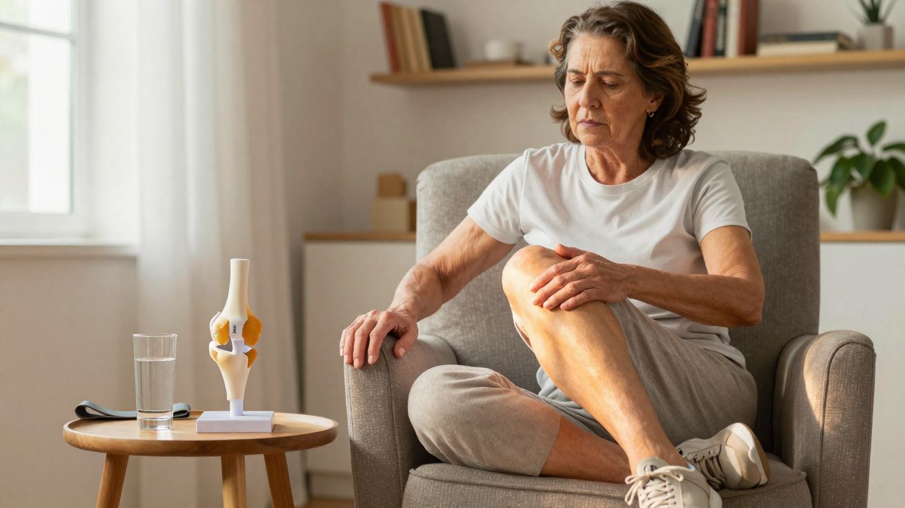 Mulher sentada numa cadeira massageando o joelho, retrato interior com modelo anatómico de articulação ao lado.