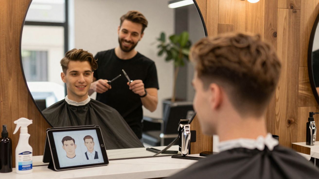 Cliente sentado num salão de cabeleireiro a escolher corte de cabelo numa tablet com barbeiro ao fundo.