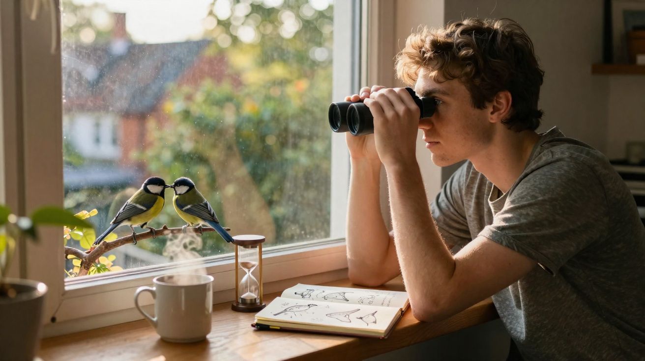 Jovem observa pássaros na janela com binóculos, junto a caderno de desenhos e chá fumegante.