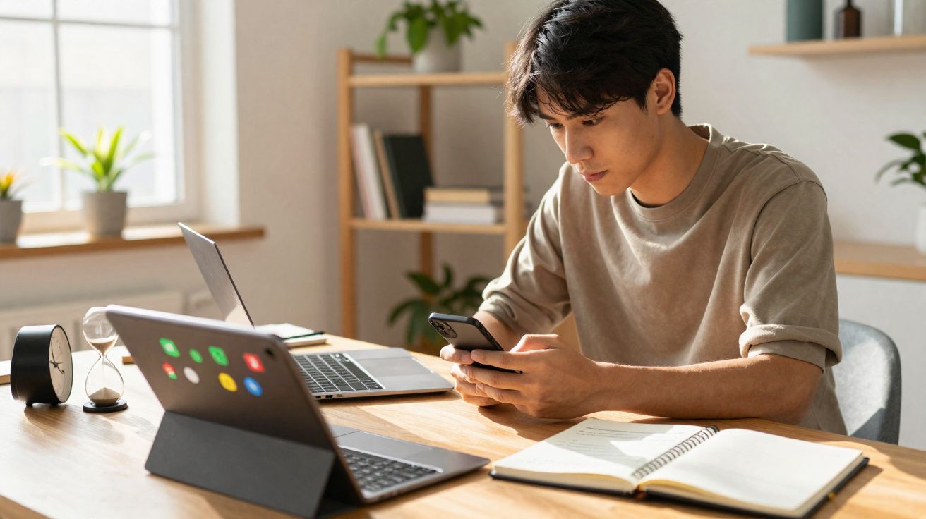 Homem jovem sentado a trabalhar numa mesa com computador, tablet, telemóvel e caderno à sua frente.
