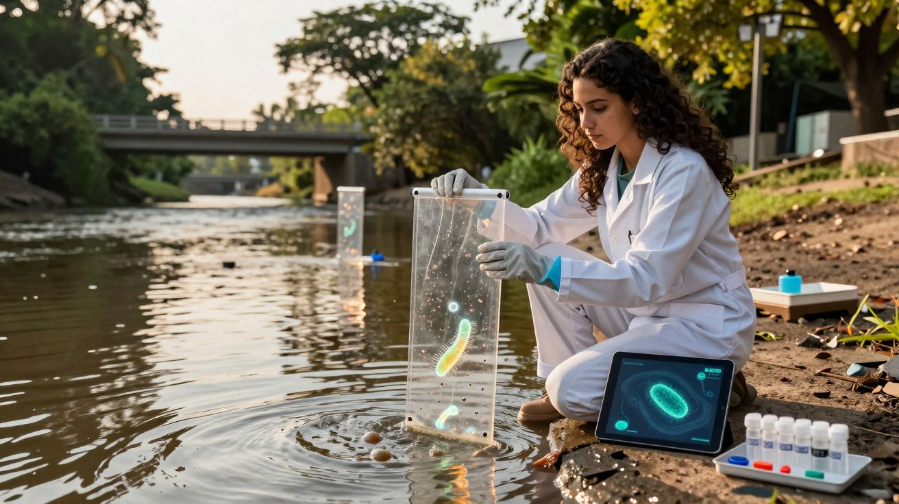 Mulher cientista em fato branco recolhe amostra de água de rio para análise de microorganismos.