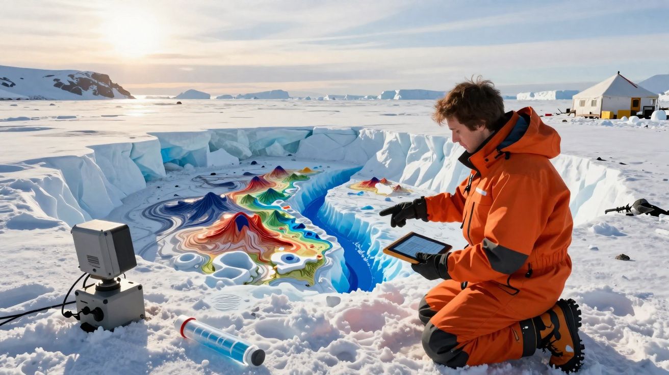 Pessoa com fato laranja analisa modelo colorido de terreno construído numa escavação na neve polar.