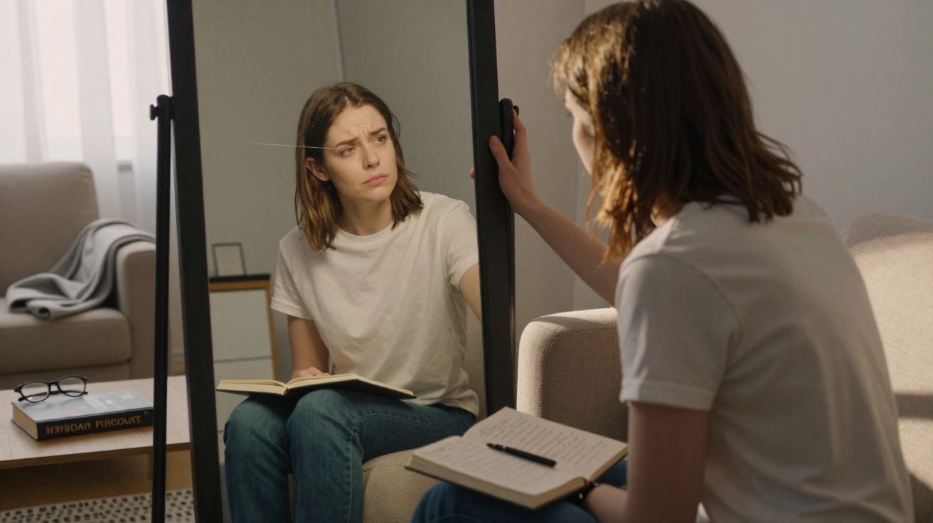 Mulher sentada no sofá, olhando refletida no espelho, com expressão preocupada, segurando caderno aberto.