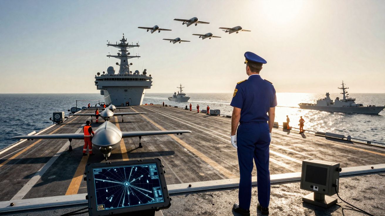 Oficial militar observa voo de drones sobre um porta-aviões no mar durante treinamento naval ao pôr do sol.