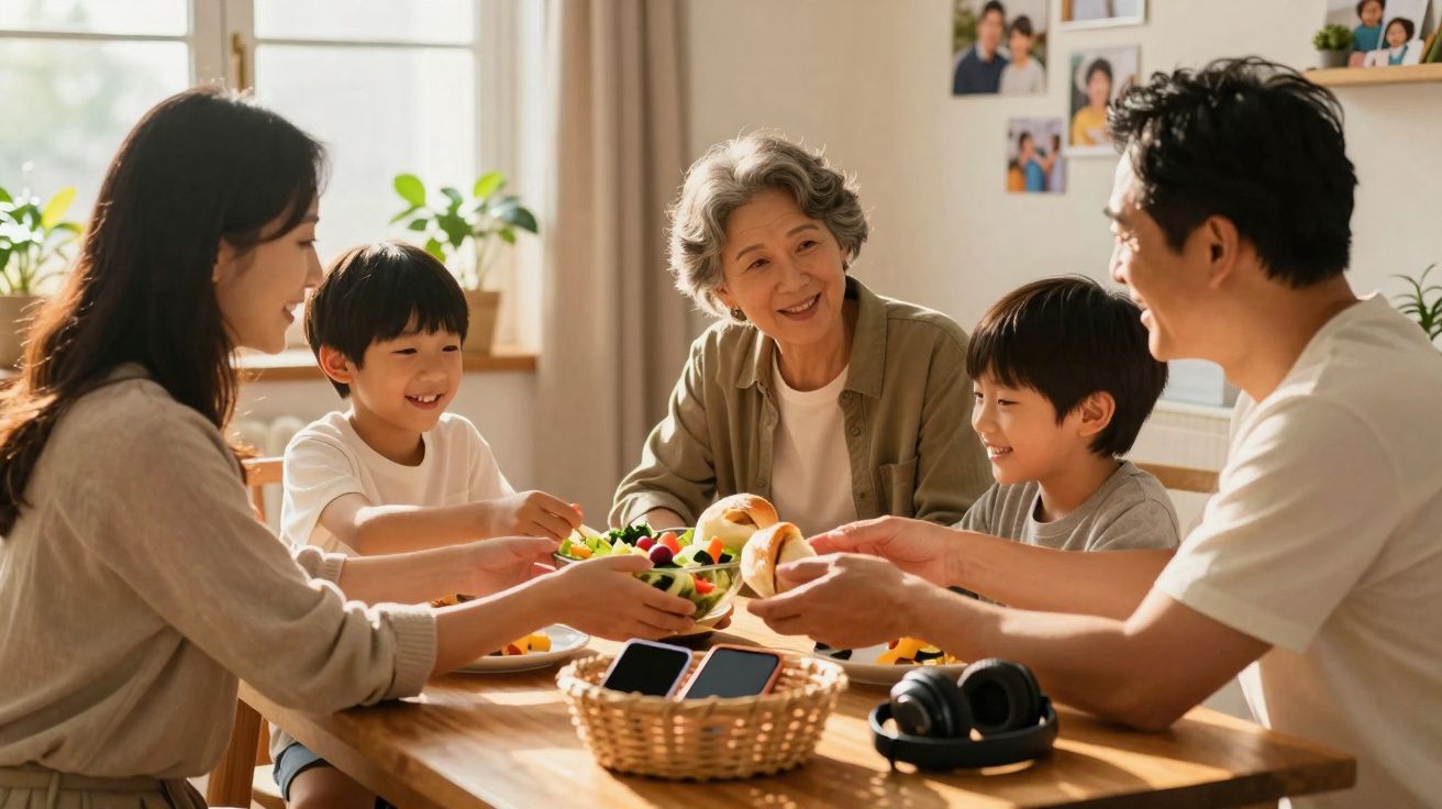 Família asiática de cinco pessoas a partilhar uma refeição alegre à mesa de jantar em casa.
