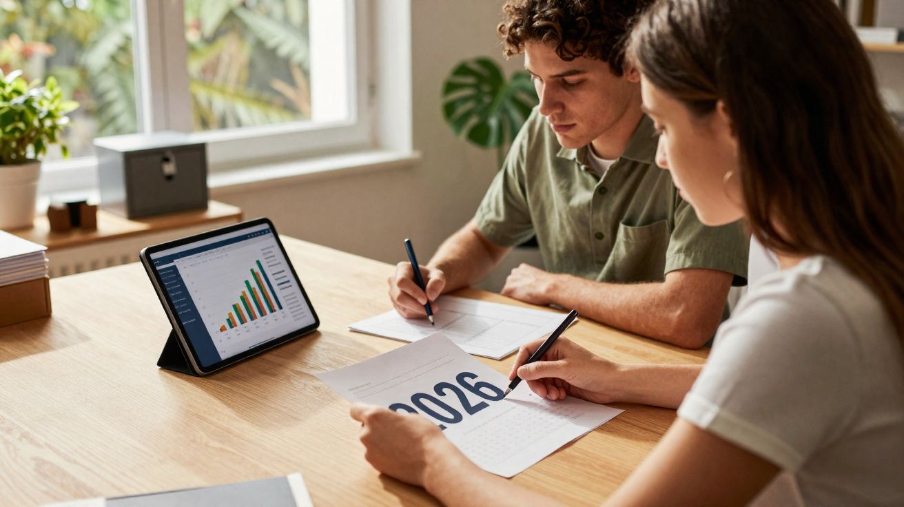 Dois jovens a analisar gráficos e calendário de 2026, sentados à mesa com tablet e cadernos.
