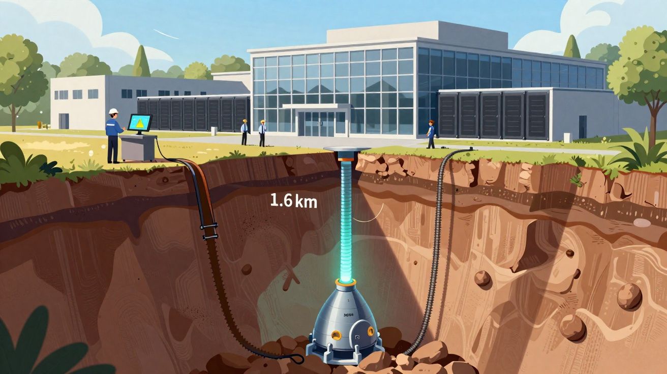 Ilustração de instalação subterrânea a 1,6 km para armazenamento de energia, com edifício e técnicos no exterior.