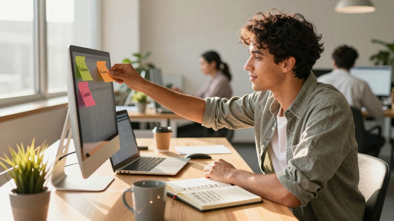 Jovem a colar notas adesivas no monitor num escritório com outras pessoas a trabalhar ao fundo.